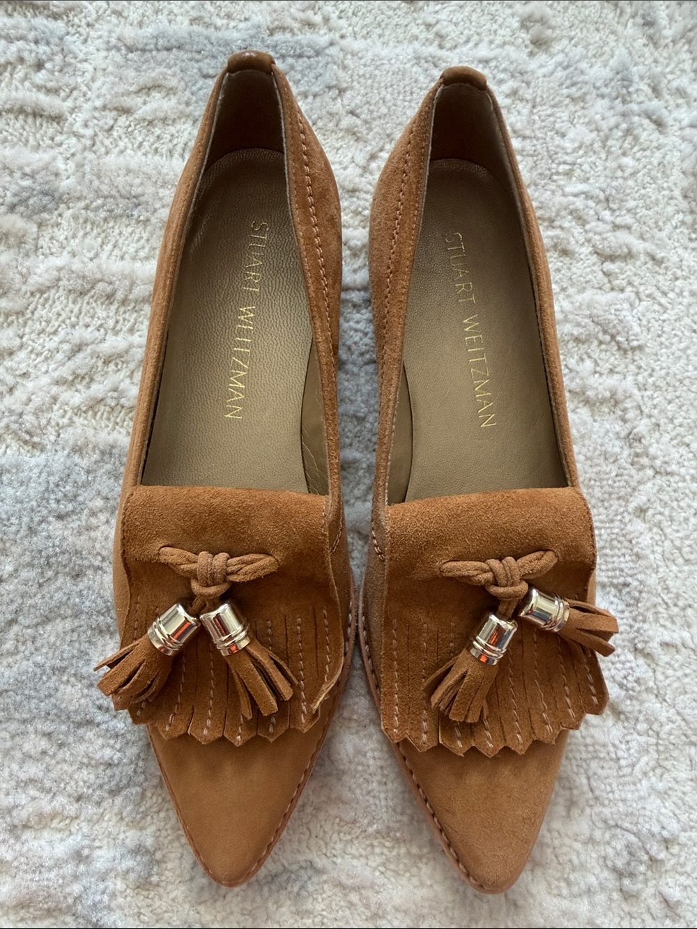 Stuart Weitzman Tan Suede Tassel Pointed Loafers
